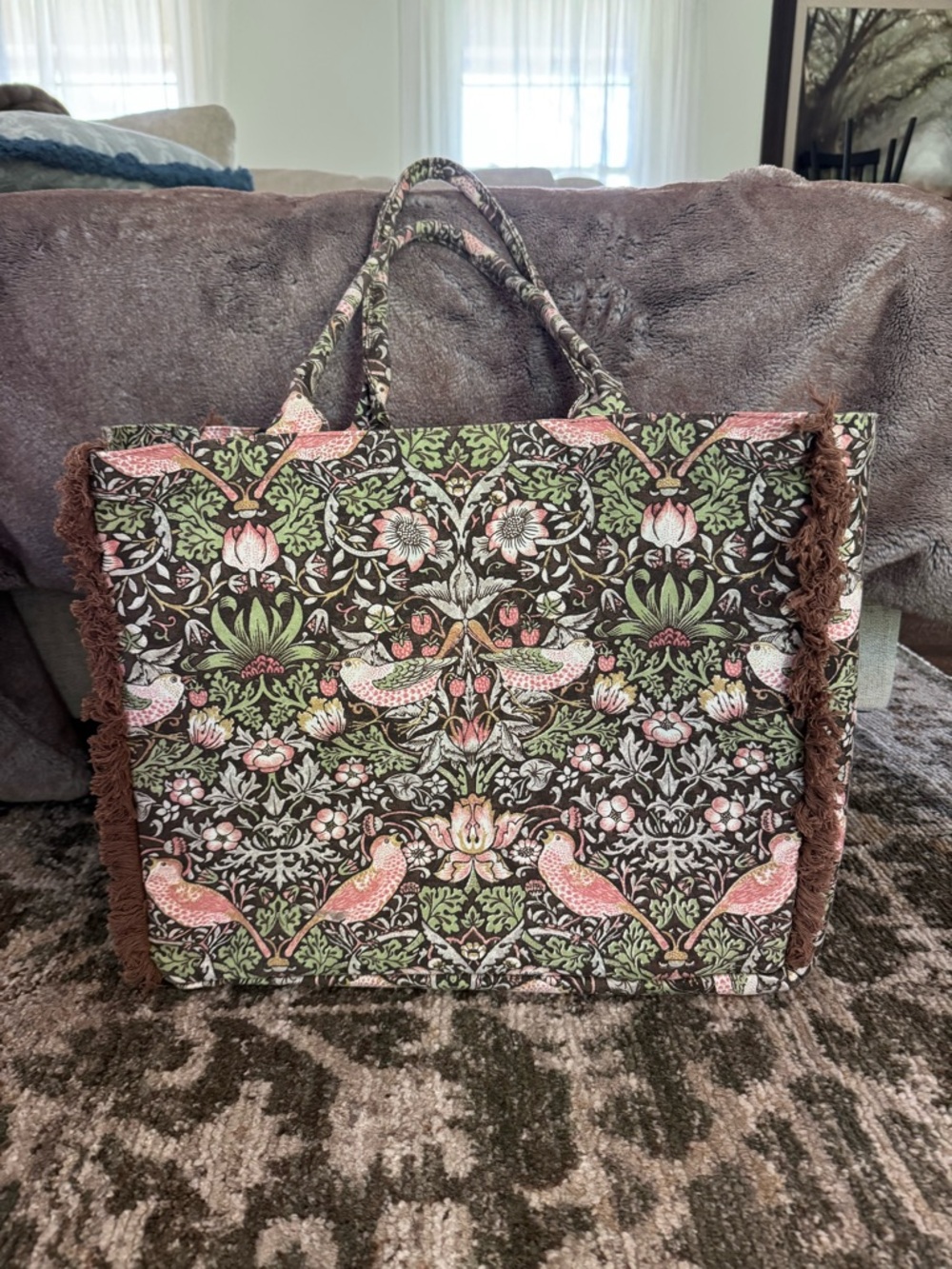 Morris & Co. Floral Bird Print Tote Bag in Brown and Pink